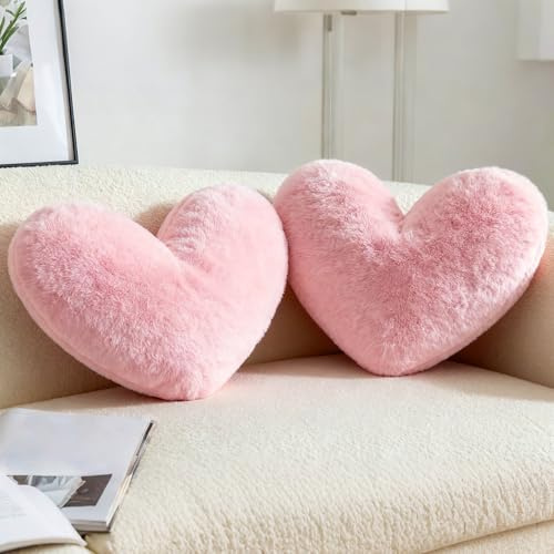 Rilcn 2 Pack Pink Heart Pillows – 46x36cm Washable Soft Fluffy Decorative Cushions, Cute Fuzzy Throw Pillows for Bedroom, Living Room, Sofa, Bed, Chair, Valentine’s Day Gift