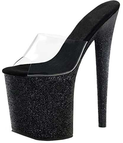 Femmes Mode Paillettes Sexy Peep Toe Sandales Talon Haut 20cm Stiletto Mules Pompes Sexy Stripper Club Pole Dancing Chaussures De Fête, Black, 46 EU