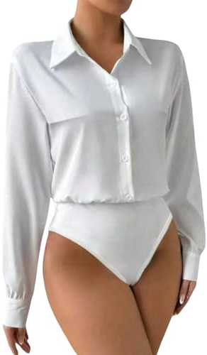 GORGLITTER Dambody, elegant blusbody, långärmad bodysuit med knapp, bodyskjorta, nedvikbar krage, kontor, bodys, enfärgad blus, skjorta, affärskläder, Vit, L