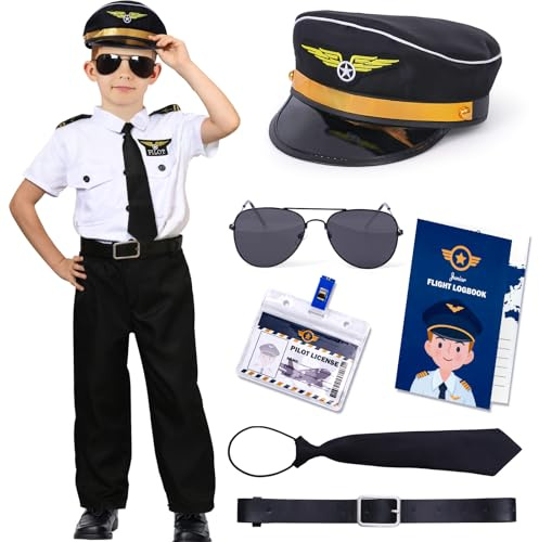 G.C Pilot Kostüm Kinder Mit Zubehör Pilotenmütze Pilotenbrille Krawatte Gürtel Flugprotokoll Pilotenkostüm Flieger Kapitän Karneval Fasching Halloween Kostüm für Junge (130, 7-8 Jahre)