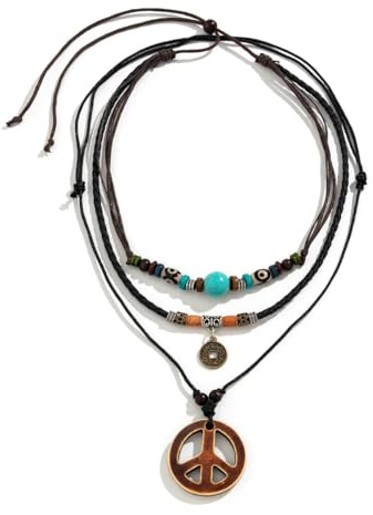 ZephyrHome Halsband i flera rader med fredsteckenshängare, bohemiskt halsband i flera lager för kvinnor och män, hippie-tillbehör för karnevalskostymer, boho-stil, halsband för kvinnor och män
