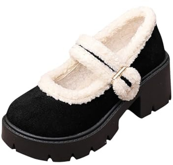 Dam vardaglig varm rund tå plus sammet tjock klack tjock botten loafers mellanklackade skor, Svart, 40 EU