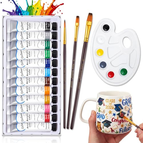 Sinmoe Set de Pintura para Porcelana 12 Pinturas Cerámicas Resistentes al Agua de 12 ml 3 Pinceles 1 Paleta Regalos para DIY Adultos Parejas Platos Tazas Vasos Vidrio Metal Manualidades