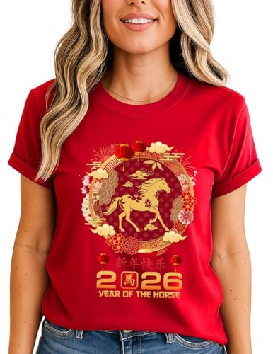 2026 Year of The Horse Xin Nian Kuai Le Womens Graphic T-Shirt Chinese New Year Zodiac Animal Tee M (12-14) Red
