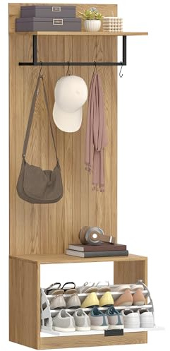 HOMCOM Meuble d'entrée 5 en 1, vestiaire d'entrée avec banc à chaussures rabattable, étagère et 4 crochets, style moderne, porte-manteau pour couloir, chambre, salon, 60 x 30 x 170 cm, chêne