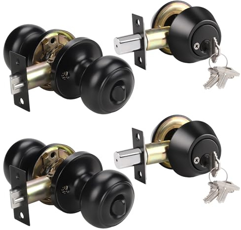 KNOBWELL 2 Pack Entry Door Knob and Double Cylinder Deadbolt Set, Keyed Alike Door Lock Sets, Black Exterior Door Knob with Deadbolt for Office Front Door, Front Door Handle and Deadbolt Set