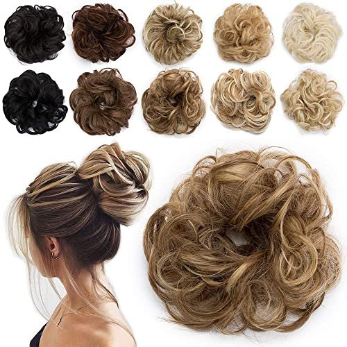 TESS Moño Postizo de Pelo Natural Castaño Claro y Rubio Medio Moño Rizado Desordenado 30 g Moño Postizo Rubio