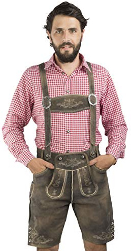 Men's Bavarian Lederhosen Short Oktoberfest Leather Trousers -Authentic German Trachten Pants Kärnten (31-EU46) Brown