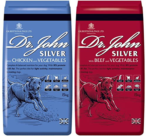 Dr John Silver Complete Dry Dog Food 15kg x 2 - Beef & Chicken with Vegetables 2 Pack - Senior & Adult Dog Biscuits for Light Activity, Maintenance & Resting Dogs