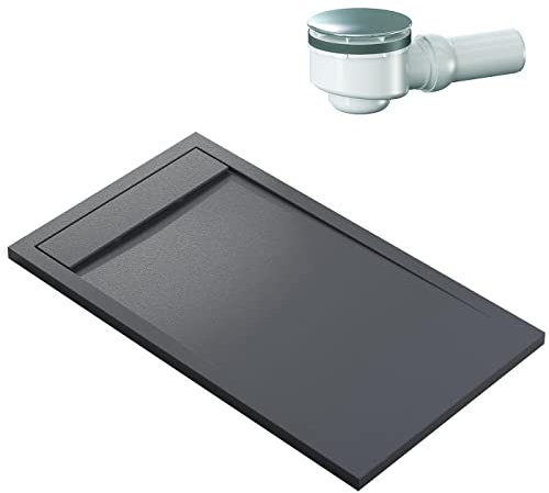 BERNSTEIN Duschtasse 140x80 cm Anthrazit Matt Flache Bauhöhe, Duschwanne aus Mineralguss, Rechteckiges Duschbecken mit Gefälle, Mineralguss-Duschwanne komplett inkl. Dallmer-Ablauf Orio