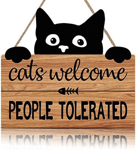 TOARTi Black Cat Welcome Wood Plaque - Pet Lover Sign with Cats Welcome, People Tolerated