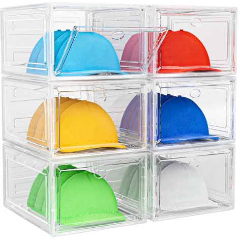 YKLSLH Hat Organizer Box, 6 Boxes for 40 Pack Hats, Upgrade Harder Solid Plastic Hat Organizer for Baseball Caps, Clear Hat Storage with Magnetic Door, Hat Rack Holder Case, White