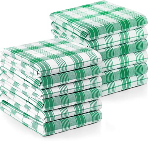 Utopia Towels Plaid Check Dish Towels, 15 x 25 Inches, 100% Ring Spun Cotton Super Absorbent Linen Kitchen Towels, Soft Reusable Cleaning Bar and Tea Towels Set (12 Pack, Green, White) (UT1047)
