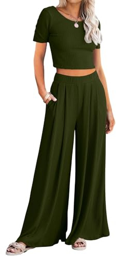 JENJON Mujer Conjunto de Traje Dos Piezas de Manga Corta Chándal Punto Acanalado Corto Top Pantalone Acampanados Deportivo Verano A-Verde S