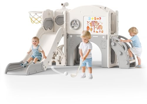 Krovtoy 10 in 1 Kids Slide,Toddler Slide Freestanding with Basketball Hoop, Corridor, Telescope, Baby Slide Playground Equipment, Garden Slide,Kids Slides Outdoor (Beige Grey-10 in 1)