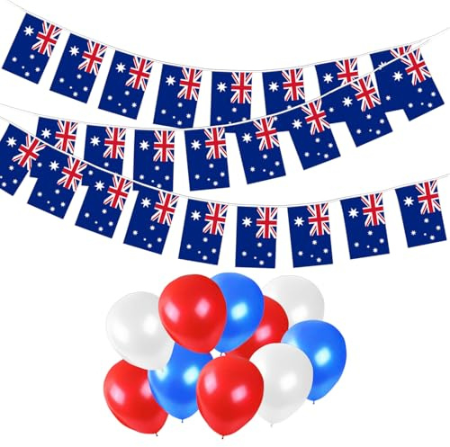 1 cadena de 25 banderines de bandera australiana, 10 globos de diferentes colores, cadena de bandera cuadrada, banderas australianas para dibujar, fiestas callejeras y celebraciones.