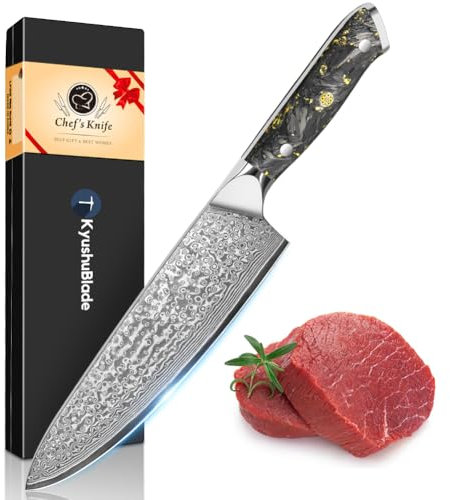 kyushublade Chef Knife, 8 Inch Damascus Kitchen Knife, Professional Chefs Knive Made of 67 Layers Vg10 Damascus Steel Cooking Knife with Black&Gold Resin Handle for Home, Restaurant