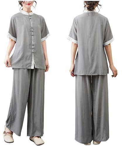 DAYKET Damen-Tai-Chi-Uniform, Traditionell, Kurzärmelig, Kampfsportbekleidung, Morgenübungen, Kung-Fu-Kleidung, Lounge-Bekleidung,LightGray-XL