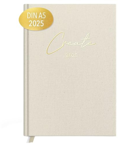 kind of hazel® Terminplaner 2025 A5 Beige – Kalender Goldfolienprägung | Notizbuch A5 zum Organisieren, To Do Liste und Daily Journal 2025 – Planer und Tagebuch für Erwachsene