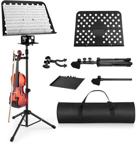 Vangoa Sheet Music Stand, Professional Portable Music Stand for Sheet Music with Violin Hanger, Folding Sheet Music Folder Music Instrument Stand with Carrying Bag, MD-3