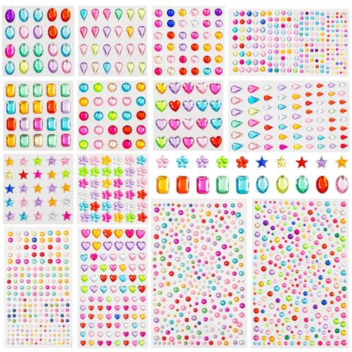 Riceduo Gem Stickers, 1472 Pieces Self Adhesive Rhinestones Stick on Gems for Crafts, Assorted Shapes Acrylic Bling Gems Jewels Stickers for for Kids DIY, Craft Supplies, 14 Sheets
