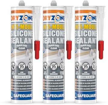 Dryzone Silicone Sealant Clear Anti Mould (310ml x 3) - Waterproof Premium Sanitary-Grade, Low VOC Sealant for Bathroom and Kitchen