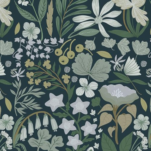 CiCiwind Självhäftande tapeter blommor 41 cm × 10 m grön blomma tapet blad och blommor självhäftande tapet vintage självhäftande film vinyl möbelfolie självhäftande vägg möbler dekorativ film