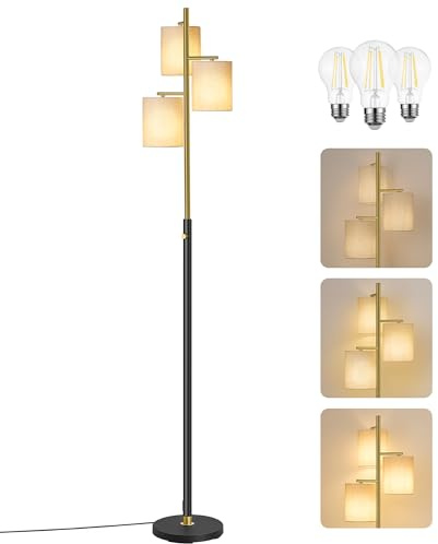 VASAGLE Stehleuchte, Standleuchte, Stehlampe mit 3 Glühbirnen, verstellbare Helligkeit, modern, Lampenschirm aus Stoff, 3 E27 Fassungen, gold-schwarz LFL003B02