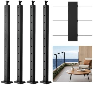 VEVOR Poteau Garde Corps, Lot de 4, Poteau Rampe d'Escalier Câble 914x25,4x50,8 mm Trous Horizontaux Pré-percés Support Horizontal Incurvé, pour Main Courante, Balustrade, Noir, 4JZLGZXHS914UUOI6001V0
