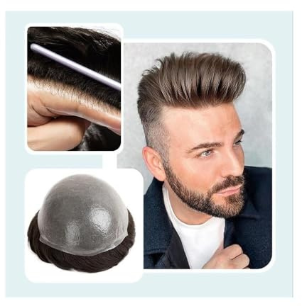 Base Toupet à peau fine de 0,04 mm for hommes, système de cheveux humains véritables for hommes, système de remplacement de cheveux à base de PU à double nœud à ligne de cheveux naturelle for hommes R