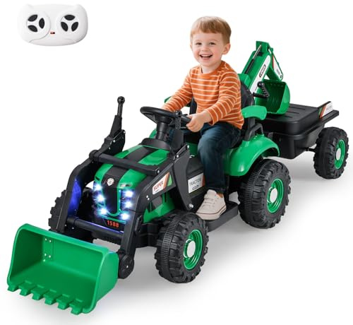 COSTWAY Tractor Eléctrico para Niños, Coche Eléctrico para Niños 12V con Remolque Extraíble, Pala, Cucharón, Control Remoto, Luces LED y Música, Tractor de Juguete para Edad de 3-8 Años (Verde)
