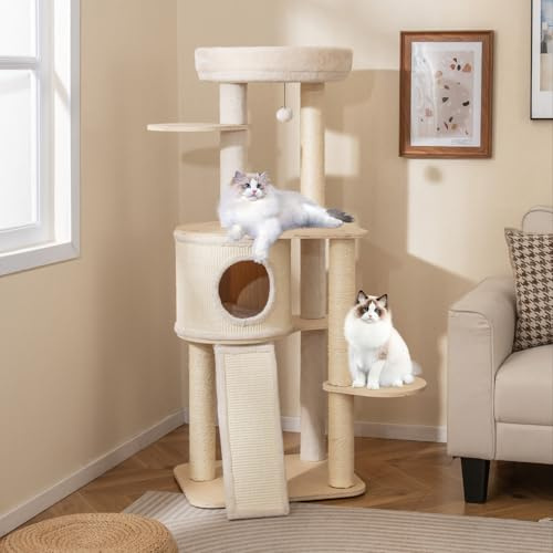 COSTWAY Klösträd 143 cm, kattträd med klösträd, sisalklöspelare, plattform, sisalbräda, lekboll och stege, klösträd för katter, kattmöbler, klätterträd, aktivitetsträd, natur