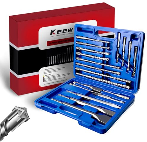 Keewaki 19-Piece SDS Plus Drill and Chisel Set – Heavy Duty Rotary Hammer Drill Bit Set for Concrete, Brick & Masonry with Cross Tip Carbide SDS Drill Bits and Chisel Set with Storage Case