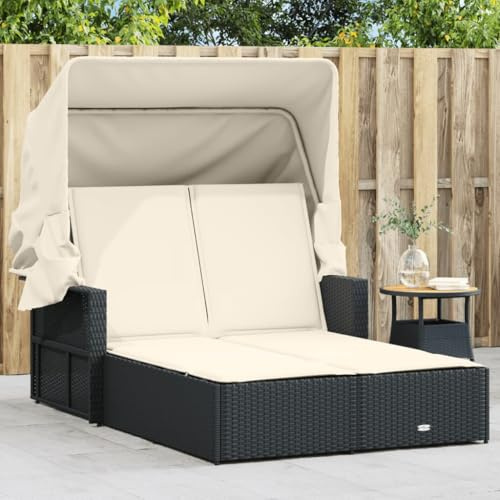 Owoxanthellate Double Sun Lounger Outdoor Chaise Lounge 79x43x59 Black & Cream PE Rattan Adjustable Backrest Removable Canopy Patio Poolside Loveseat for Garden Backyard