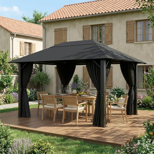 JUMMICO Tonnelle 3x4 Imperméable en Aluminium Résistante au Vent et aux UV avec Rideaux Idéale pour Jardin et Terrasse Structure Robuste et Durable Protection Efficace Contre Mauvais Temps
