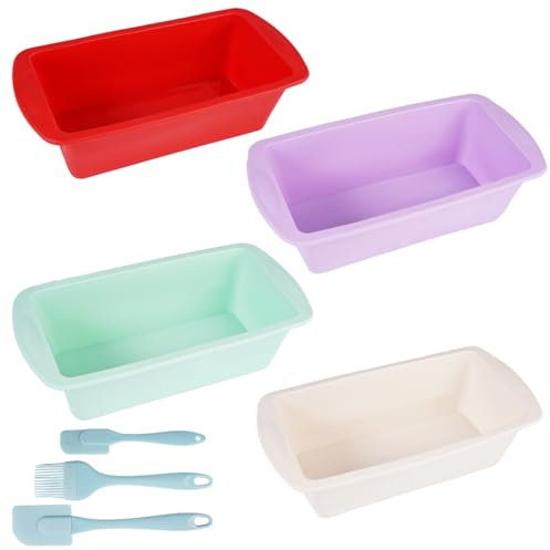 4 stycken rektangulära brödbakformar i silikon, 19,2 x 9,5 x 5,5 cm | non-stick-bakform, silikonbrickform, silikonbakformar med degskrapa och silikonoljeborste för kakor, glass och desserter