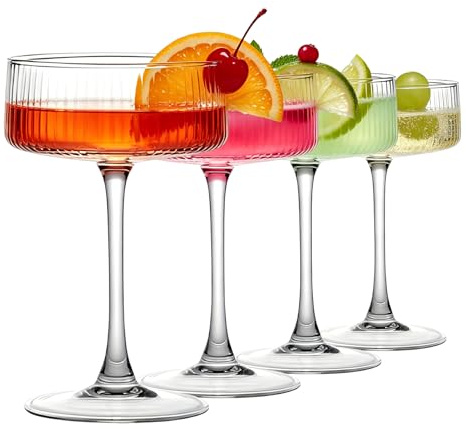 Set of 4 Martini Glasses, 265ml Ribbed Cup Glass Set, Vintage Martini Glasses Classic Cocktail Glassware, Bar Drinks Perfect for Cocktails Wine Champagne