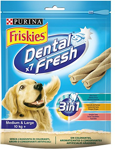 Purina Friskies Dental Fresh, Snack Dental, mal aliento para perro mediano y grande, 6 bolsas de 180g