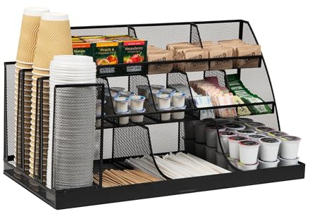 Mind Reader Cup and Condiment Station, Breakroom Countertop Organizer, 3-Tier Storage for Office Coffee Stations and Shared Spaces, Metal Mesh, Black