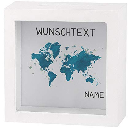 Herz & Heim® Spardose als Bilderrahmen - Weltenbummler - individuell für Sie erstellt mit Namen und Wunschtext