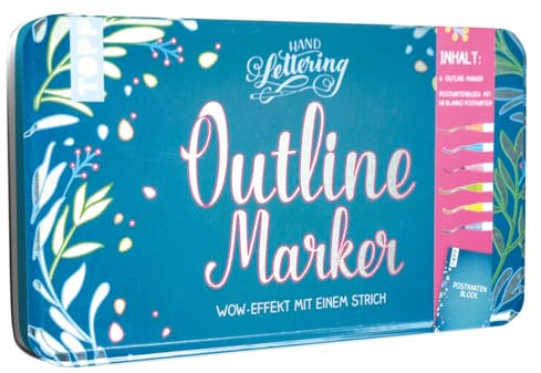 Outline Marker in hochwertigem Metall-Etui: 6 Outline Marker mit Metallic-Effekt und farbige Outline mit nur einem Strich. Mit Postkartenblock