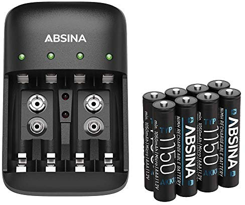ABSINA - Juego de Cargador de batería X4 para AA, AAA y 9 V, Incluye 8 Pilas AAA 1150, Cargador NiMH de 4 Compartimentos para Cargar Micro AAA, Mignon AA y baterías de Bloque de 9 V