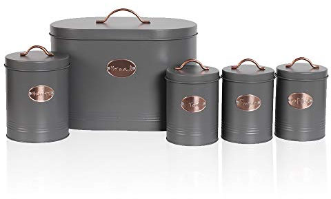 Denny International 5PC Kitchen Food Storage Set Bread Bin, Biscuit Tin and Tea, Coffee & Sugar Canister Set, Vintage Classic Inspired Metal Storage Set BY Crystals® (Grey)