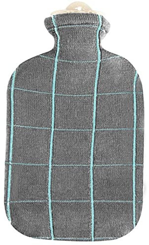 2,0 Liter Gummi-Wärmflasche mit Strickbezug aus Baumwolle Karo Türkis