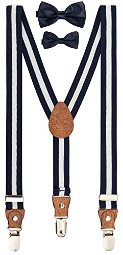 BomGuard Bretelle per bambini adolescenti Set, blu scuro a strisce spesse + papillon blu scuro