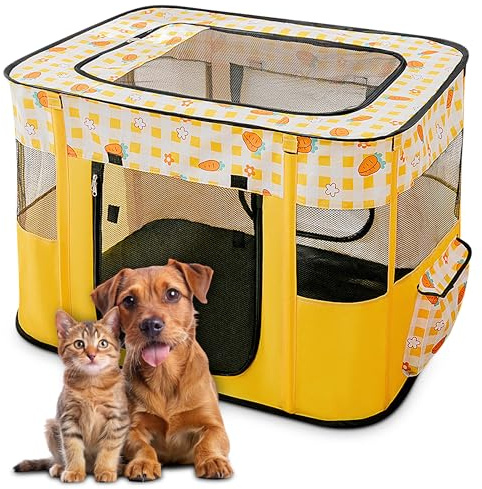 ALLSOPETS Parque para Perros y Gatos Plegable, Jaula para Perros y Gatos, Recinto Portátil con Bolso de Mano para Uso en Interior, Exterior, Viajes y Camping (Zanahorias Amarillas, M)