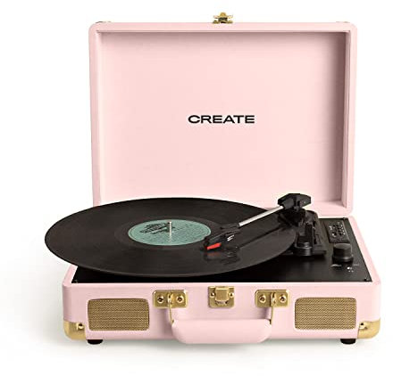 CREATE/Record Player POP/Tragbarer Koffer-Plattenspieler in Pastellrosa/Mit Bluetooth USB, SD, MicroSD und Mp3, Retro-Stil