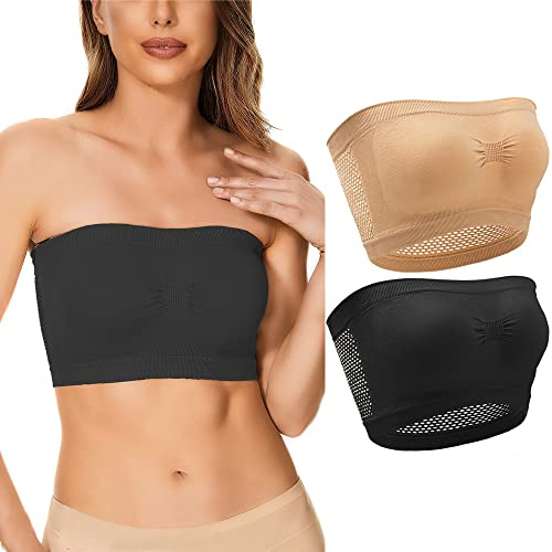 FDEETY 2 Pezzi Reggiseno Fascia Donna Elastico Non Imbottito Bandeau Rete Traspirante Tube Top (Nero e Nudo M)