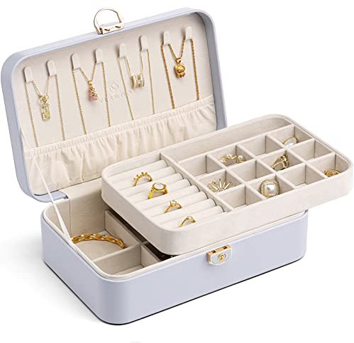 Vlando Boîte à bijoux pour fille et femme - Double couche - Boîte à bijoux verrouillable - Boîte de rangement à bijoux pour bagues, boucles d'oreilles, bracelets, coffrets à bijoux