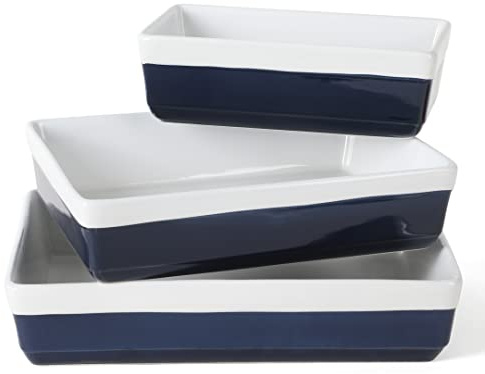 MARTHA STEWART 3-Piece Oven to Table Stoneware Bakeware Set – Baking Dish & Casserole Set – Cobalt Blue – Durable Oven-Safe Bakeware for Baking and Serving